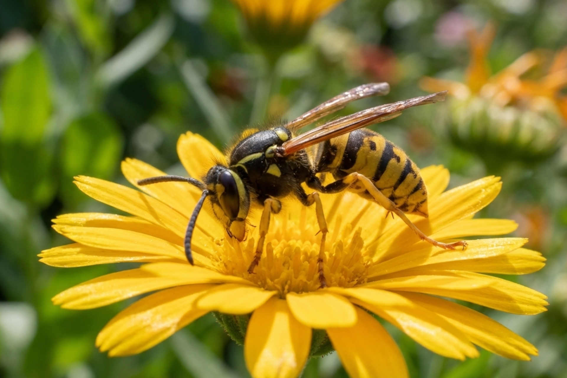 Wespe auf gelber Blume am bestäuben
